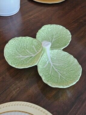 Vtg. Olfaire Majolica Portuguese Cabbage Ware Green 3 Divided Serving Dish P2414